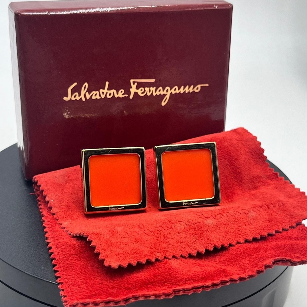 Salvatore Ferragamo Vintage OrangeSquare Clip-On Earrings Gold Frame Italy‎